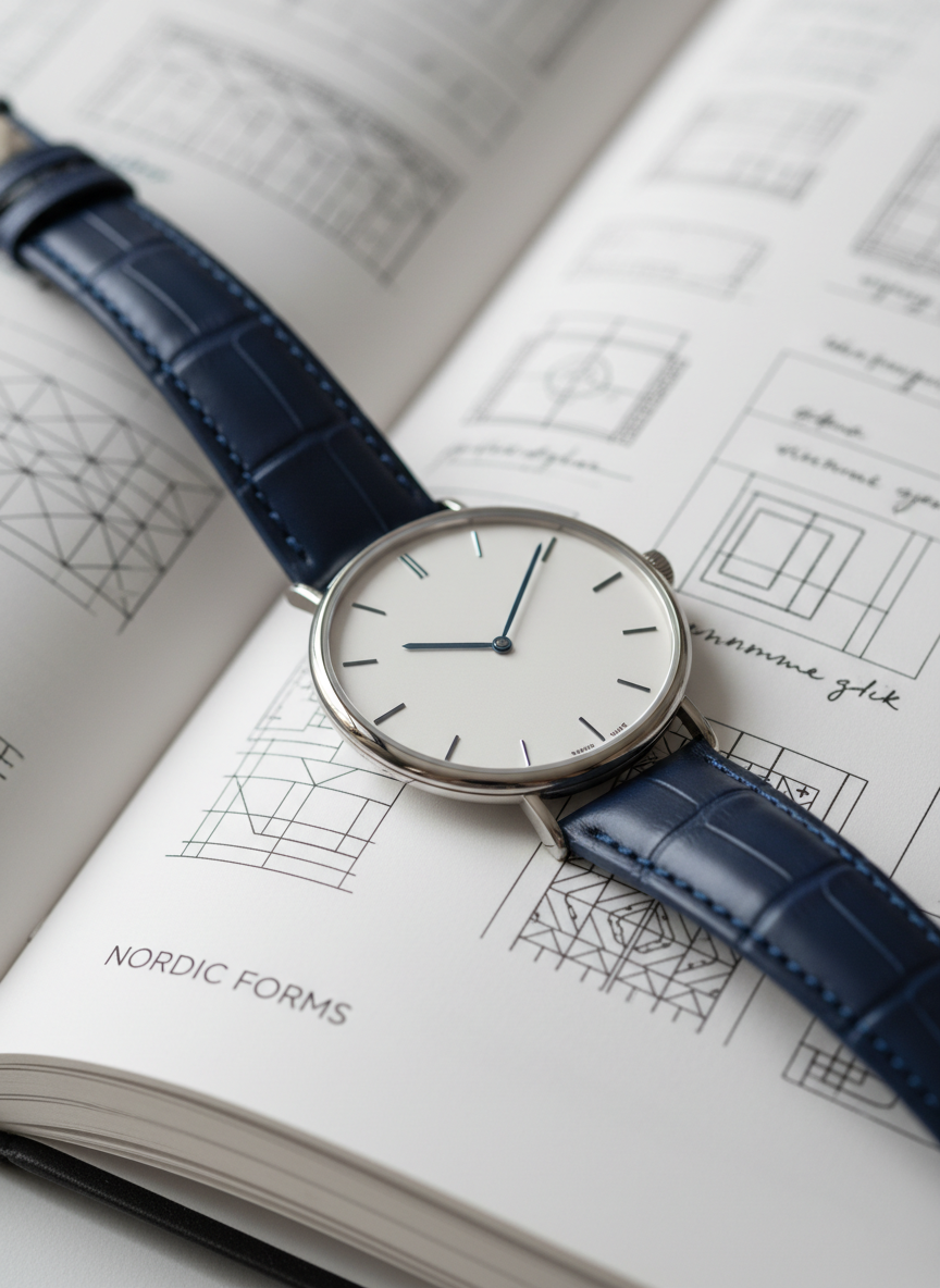 A single minimalist dress watch with an eggshell white enamel dial, slender blued-steel hands, and a thin polished white gold case resting on an open book of Scandinavian design sketches. The strap is rich, dark blue alligator with fine stitching, gently curved around the book’s spine. Soft, indirect daylight enters from an unseen window, creating a calm, cool glow and subtle reflections on the case, while the text and sketches in the background fall slightly out of focus. The atmosphere is intellectual and understated, evoking Nordic sophistication. Shot at eye level with a slight tilt, the composition uses negative space and shallow depth of field to draw attention to the dial, rendered in clean, minimalist photographic realism.