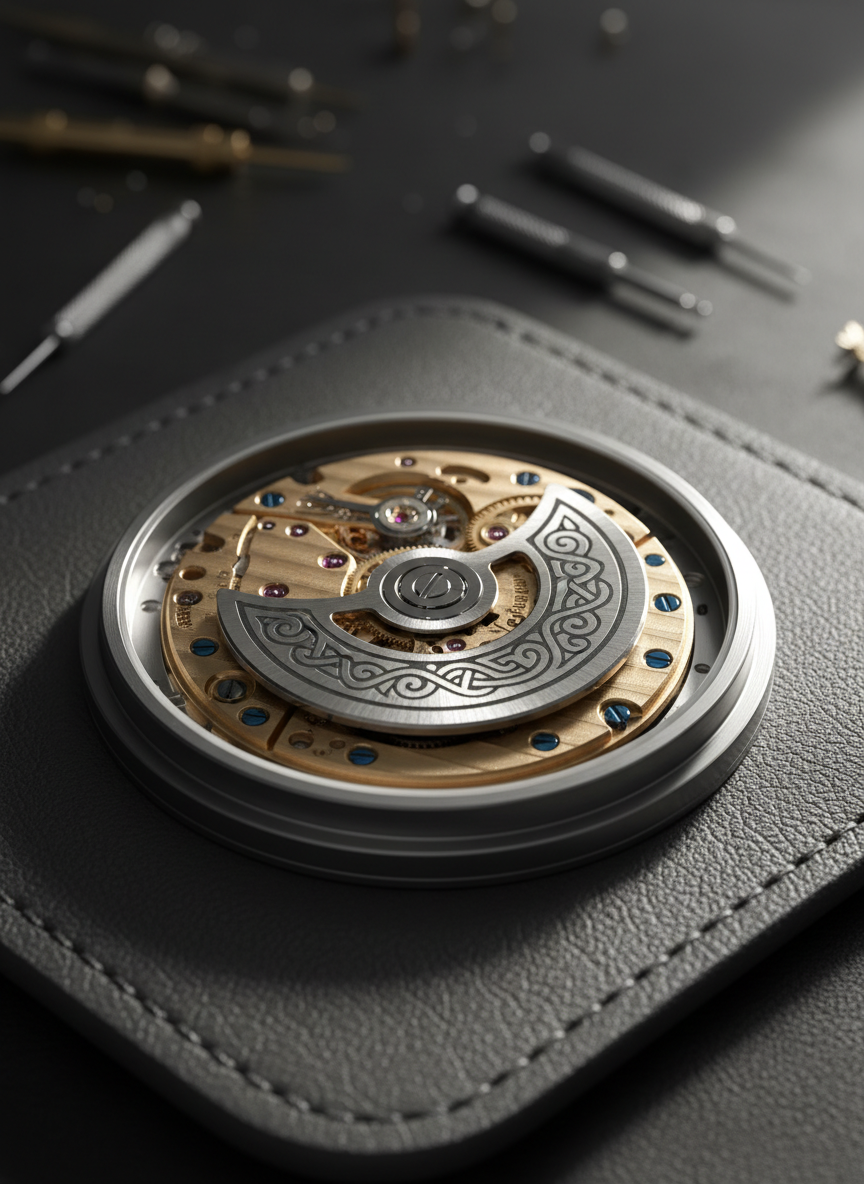 An ultra-close macro shot of an exposed mechanical watch movement, showcasing Geneva stripes, polished screw heads, and a meticulously engraved rotor with a Nordic-inspired motif. The movement lies in an open caseback ring on a muted charcoal leather pad, with scattered tiny watchmaking tools blurred in the distant background. Focused, directional studio lighting from the right creates dramatic highlights on the beveled bridges and jewels, casting fine, crisp shadows that emphasize depth and dimension. The mood is technical yet poetic, celebrating micro-engineering. Captured at extreme close range with very shallow depth of field, only a portion of the movement is razor sharp while gears fade softly into the background, conveying an intimate, high-end, photographic realism style perfect for a detail-focused collector site.