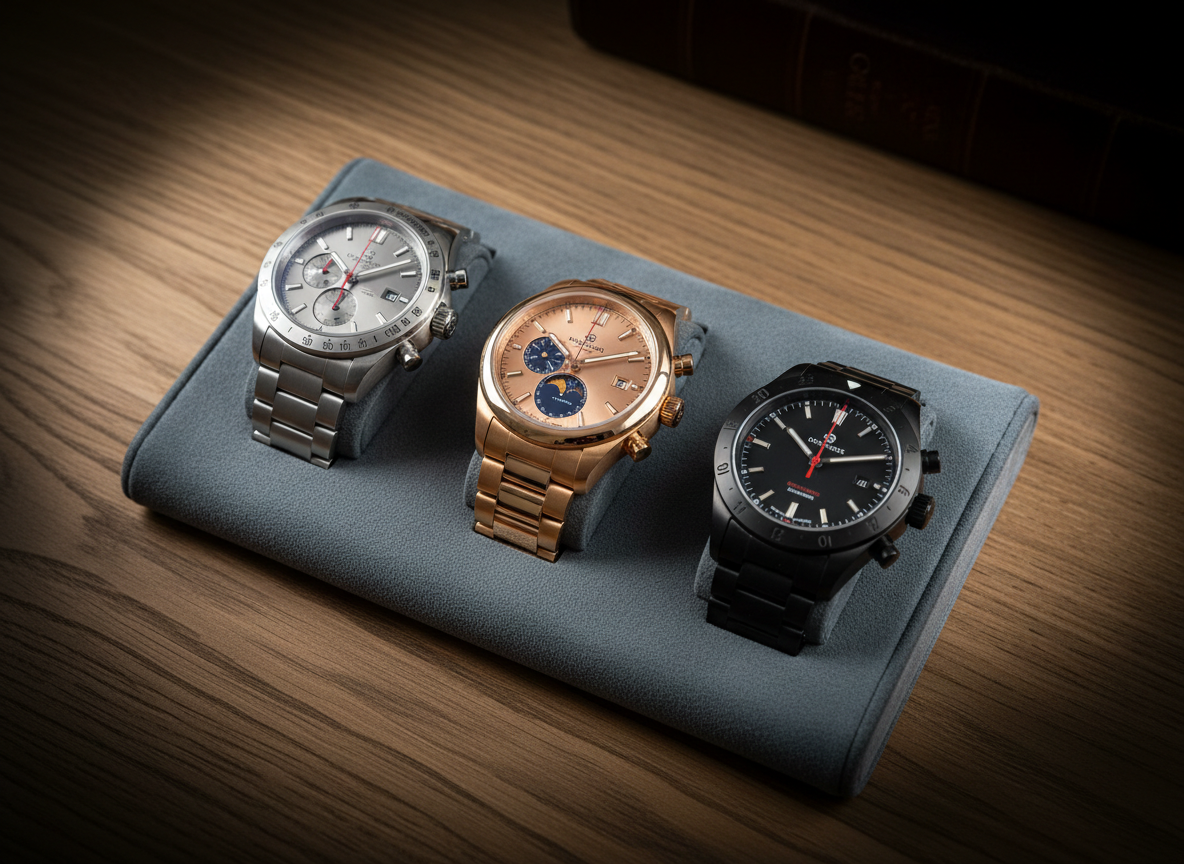 A curated trio of high-end wristwatches arranged in a precise diagonal line: one in brushed steel, one in warm rose gold, and one in matte black ceramic. Each features a different complication—chronograph, moonphase, and GMT—clearly visible under anti-reflective sapphire crystals. They rest on a slate-grey suede watch roll unfurled across a smoked oak tabletop. Cool, controlled studio lighting from both sides creates balanced reflections and subtle case highlights, with a soft vignette around the edges. The atmosphere is sophisticated and collector-focused, suggesting a carefully assembled collection. Photographed from above at a slight angle, with sharp focus across all three timepieces and a gently blurred background, the composition uses rule of thirds for a modern, minimalist, photographic realism aesthetic.